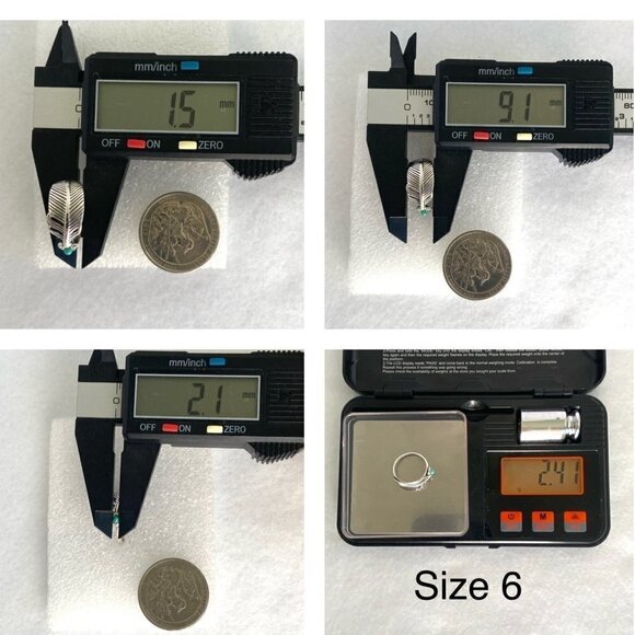 Sterling Silver 925 Dainty Round Turquoise Cabochon Feather Band Ring Size 5.5 - Picture 11 of 16